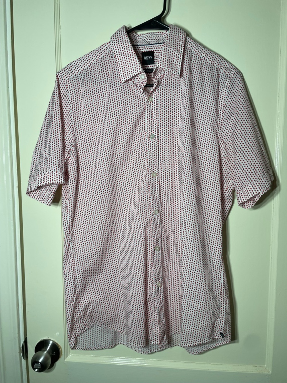 Hugo Boss White Short-Sleeve Button-Down with Red Micro Dot Pattern